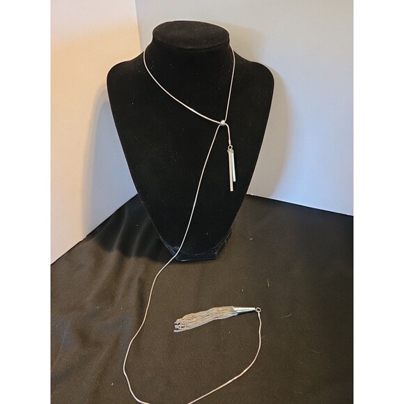 Silver Zipper Style Fully Adj Length 30" Long Necklace, 2 Long Bars & Tassel - Picture 5 of 9